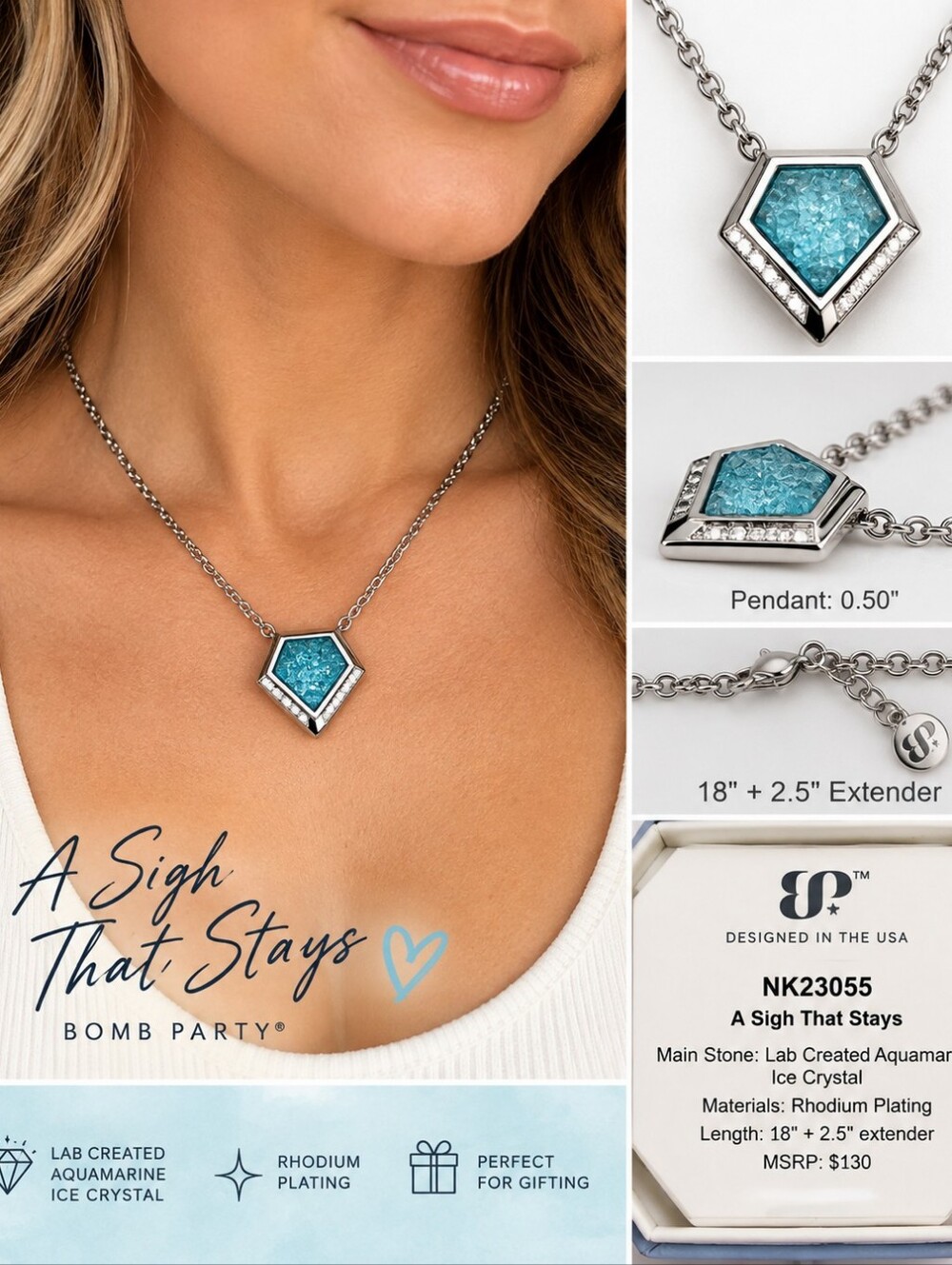 Bomb Party “A Sigh That Stays” Lab-Created Aquamarine Ice Crystal Necklace NWTB